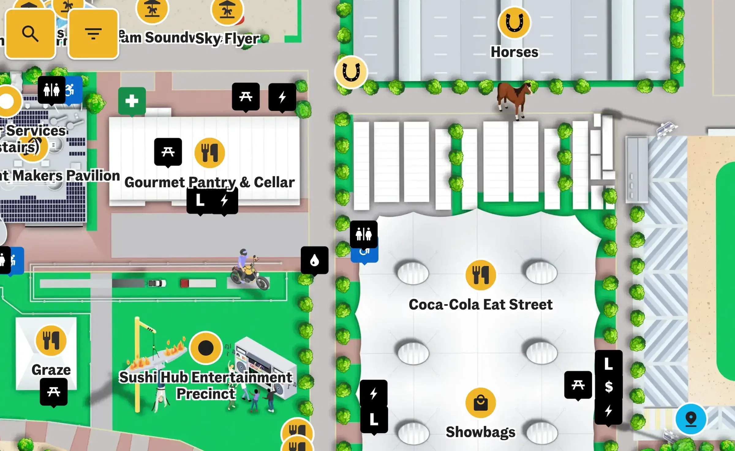Detail of the Royal Melbourne Show map with food, horse and services markers